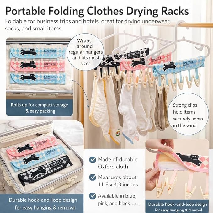 FOLAI 3-Pack Portable Fabric Products Travel Hangers Foldable Suitcase Clothespin Small Clothes pin Rack with 6 Clips（Cat-Themed）