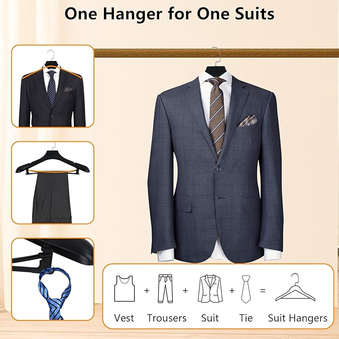 DEDU Suit Hangers for Men 30 Pack Width 17.7", Black Coat Hangers no Shoulder Bump Non Slip for Thick Sweaters, Plastic Extra Wide Shoulder with Pants Bar & Metal Hook