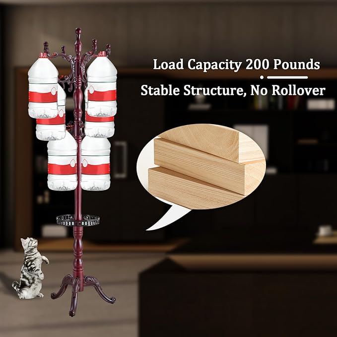 Coat Racks FreeStanding with 14 Hooks, Natural Wood Coat Rack with Solid Round Base, Adjustable Height Coat Racks, Easy Assembly for Hallway, Bedroom and Office (Reddish brown-Tray)