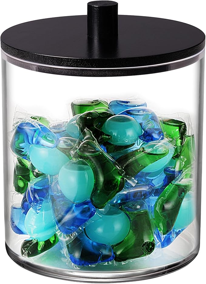 SheeChung 1 Pack 50oz Matte Black Bamboo Lid Apothecary Jar, Modern Laundry Pods Container, Industrial Organization & Storage Jar, Shatterproof Plastic Canister for Scent Beads with Stickers & Spoon