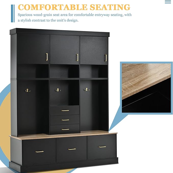 Modern 58'' Wide Hall Tree with Bench and Storage, 5-in-1 Wood Hall Tree with Coat Rack, 6 Drawers, 3 Cabinets and 3-Tier Top Storage for Hallway, Entryway, Living Room, Mudroom (Black-10.15)
