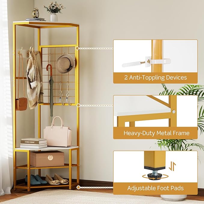 Giantex Corner Hall Tree with Shoe Bench, 4-Tier Freestanding Coat Rack with Hooks & 2-Tier Metal Wire Shoe Rack, Modern Corner Storage Organizer for Entryway, Hallway, Bedroom