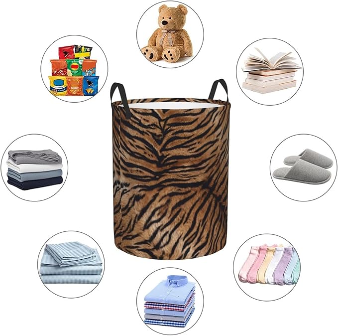 Tiger Texture Round Laundry Hamper Natural Animal Skin Print Storage Basket Toys Clothes Organizer Bin For Home Bathroom Bedroom Dorm Nursery, 62l