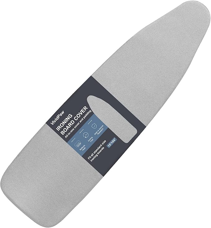 Ironing Board Cover and Pad, Standard Size 15x54, Thick Padding, Elastic Edge, Silicone Coated, Resist Scorching, Adjustable Fastener, Heavy Duty Padded Iron Board Covers (Grey)