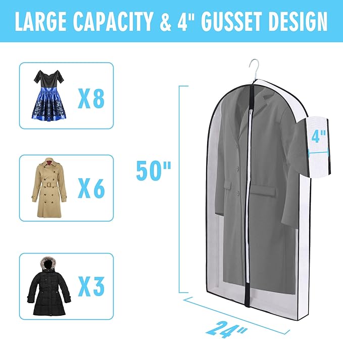50" Garment Bags for Hanging Clothes, Clear Proof Suits Covers with 4" Gussets for Closet Storage and Travel Hanging Clothes Bag for Coat, Sweater, Jacket, Dress, Shirts (6 Pack - 50")