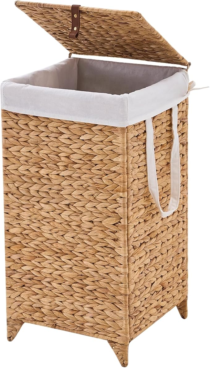 Handwoven Laundry Hamper with Lid, Natural Hyacinth Heightened Feet Laundry Basket, Wicker Clothes Hamper with Removable Liner Bag (Natural-A, 65L)