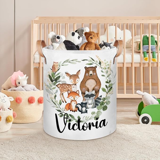 Personalized Laundry Basket, Custom Gift Laundry Hamper, Collapsible Nursery Waterproof Laundry Baskets, Dirty Clothes Toy Hamper with Handles Woodland Greenery Animals
