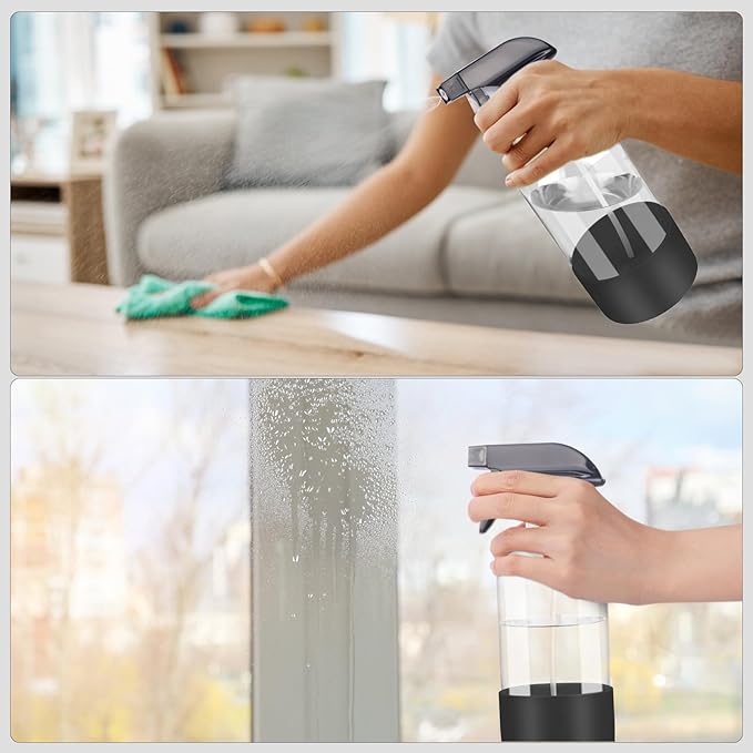 2 Pack Glass Spray Bottles with Silicone Sleeve, 16 oz Empty Refillable Containers with Adjustable Spray Nozzles, Spray Bottles for Hair, Cleaning Solutions and Plants Black