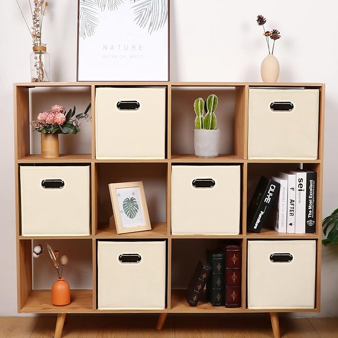 Fabric storage bins Cubes, Fabric Cube Organizer with Handle, Foldable Cube Bins for Cloth or Accessary Storage, 11x11x11, Set of 10, (Creamy White)