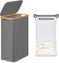 efluky Slim Laundry Basket with Lid, Narrow Laundry Hamper with Removable Bag, Skinny Dirty Clothes Basket with Bamboo Handles for Bathroom, Bedroom & Laundry Room, 65L Grey