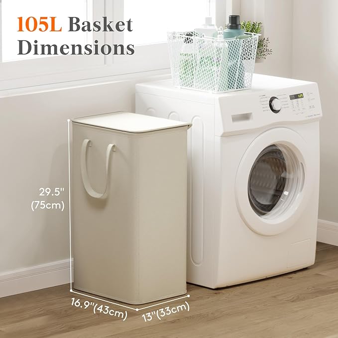 Lifewit 105L Large Big Laundry Hamper, Laundry Basket with Lid, Dirty Collapsible Clothes Storage with Easy Carry Extended Handles, Tall Hampers for Bedroom Laundry Room, White, 1 Pack