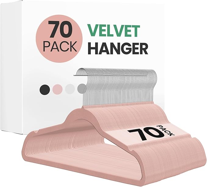 InfiniPower Velvet Hangers, Heavy Duty Non-Slip Space Saving Clothes Hangers for Coat, Pants & Dress, 70 Pack, Pink