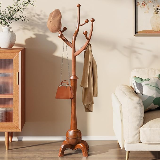 Wooden Coat Rack Freestanding with 8 Hooks, Heavy Duty Coat Hanger Stand with Stable Base, Vintage Coat Tree Standing Coat Racks for Entryway, Hallway, Bedroom (Light Brown)