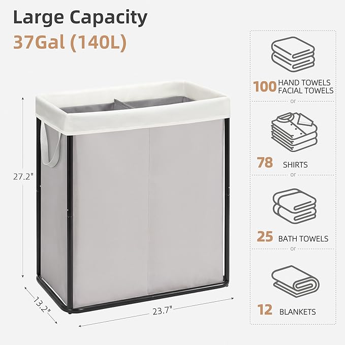 STORAGE MANIAC Large Laundry Hamper, 37 Gal. Metal Laundry Basket with Removable Bag for Easy Carry, Strong Dirty Clothes Hamper for Bedroom, Bathroom, Dorm, College, 140L Grey