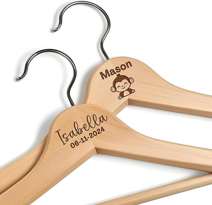 Personalized Baby Hangers with Name, Engraved Kids Hanger with Pants Bar for Children & Toddler Shirt Coat Holder with 360° Rotatable Hook, Closet Wardrobe for Children, Non Slip Hangers Gift- 2 Pack