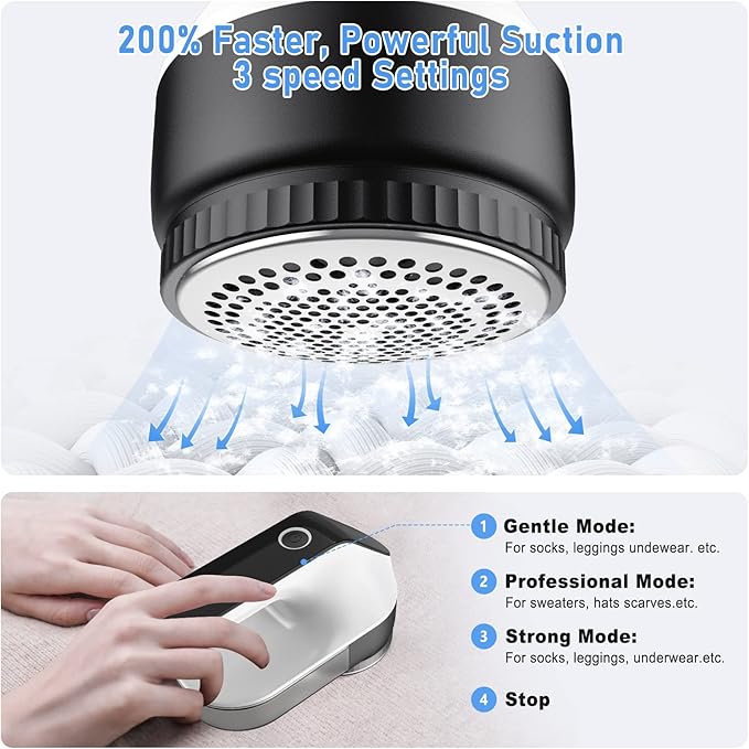 Fabric Shaver and Portable Electric Lint Remover - Sweater Defuzzer with 3-Speeds, 2 Replaceable Stainless Steel Blades, Remove Couch and Clothes Fuzz, Lint Balls, Pills (Black)