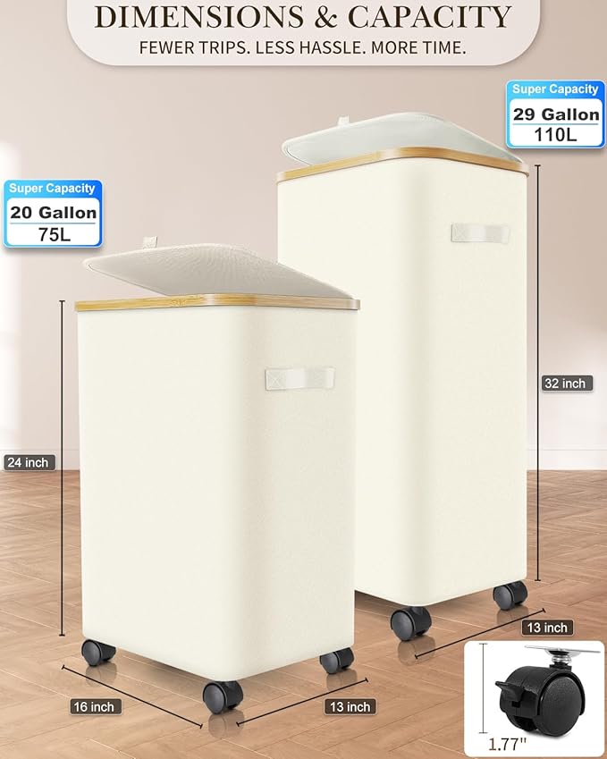Laundry Hamper with Wheels, 75L Large Clothes Hamper with Removable Inner Bag, Collapsible Dirty Clothes Basket for Dorm, Rolling Dirty Clothes Basket for, Bedroom, Bathroom, Laundry Room