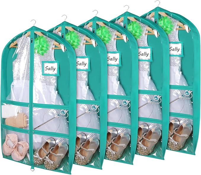 Syeeiex 3" Gusseted Clear Dance Costume Garment Bag(5 Pack), 40'' Dance Garment Bags for Dancers with 4 Zipper Pockets & Can Hold 1-3 Dance Costumes - Suitable for Dance Competitions, Ballet(Green)