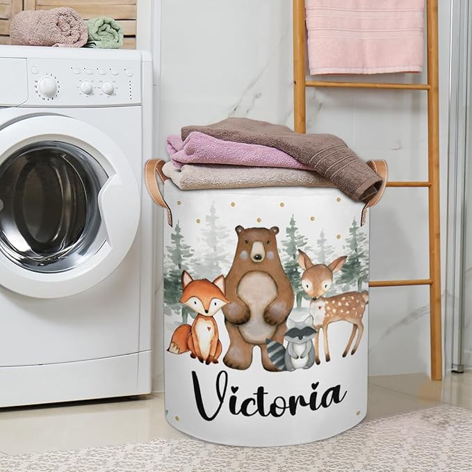 Personalized Laundry Basket, Custom Gift Laundry Hamper, Collapsible Nursery Waterproof Laundry Baskets, Dirty Clothes Toy Hamper with Handles Woodland Forest Animals