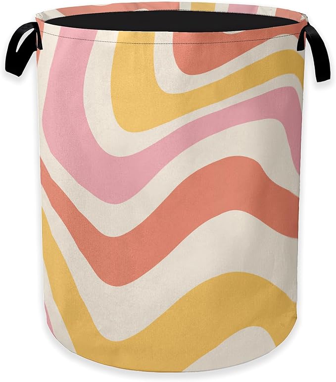 Mid Century Laundry Basket,Colorful Ripples Clothes Hamper,Oxford Cloth Collapsible Nursery Hamper Storage Organization for Bedroom,Bathroom,Office,College Dorms,16x20 Inch