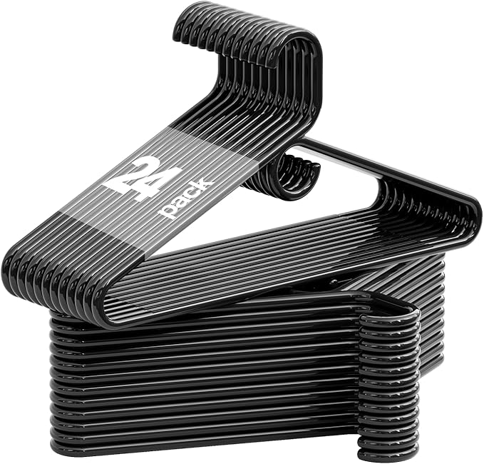 Heavy Duty Plastic Hangers 24 Pack, Black Plastic Hangers for Standard Size Clothes with Hook & Non-Slip Pants Bar for Shirts, Pants, Coat, Dresses, Jackets, Scarves and Belts