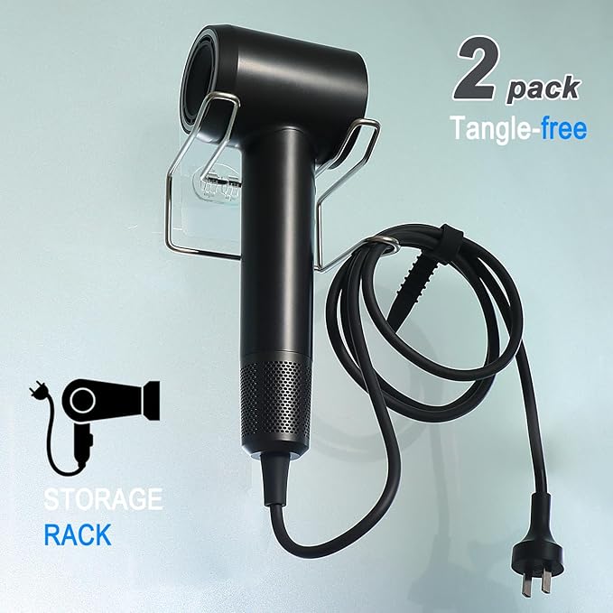 2 Pack Hair Dryer Holder, Wall Mount Self Adhesive Waterproof Blow Dryer Rack Storage Organizer Hanger, Compatible with Dyson and Most Hair Blower Appliance, Curling Iron, Straighteners, Brush