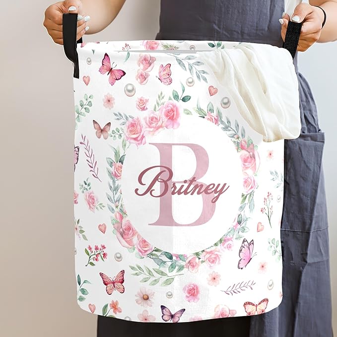 Large Custom Name Laundry Hamper, Flowers Personalized Dirty Clothes Hamper Storage Basket with Name for Bathroom Bedrooms, Customized Name Circular Hamper with Handles for Baby Boys Girls Men Women