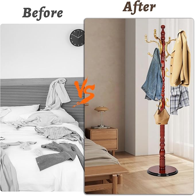 Wooden Coat Rack Freestanding with Resin Hooks, Adjustable Heavy Duty Stand for Hanging Coats, Bags, Hats, and Umbrellas in Living Room, Bedroom, Entryway (Begonia wood color)