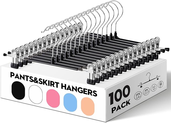 HUADYMEET 100 Pack 12Inch Pants Hangers with Clips,Metal Trouser Hanger for Jeans.Space Saving Skirt Hangers Heavy Duty Non-Slip Adjustable Clothes Shorts Hanger for Women,Men,Black