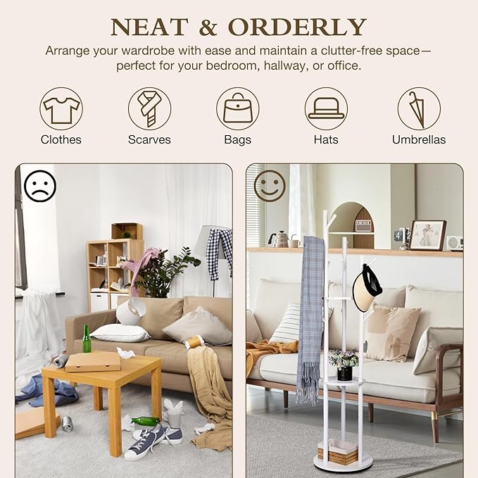 Wood Coat Rack with 3 Shelves and 9 Hooks, Freestanding Rotary Coat Tree for Entryway, Bedroom, Living Room, Hallway – Holds Jackets, Coats, Hats, Bags (White)