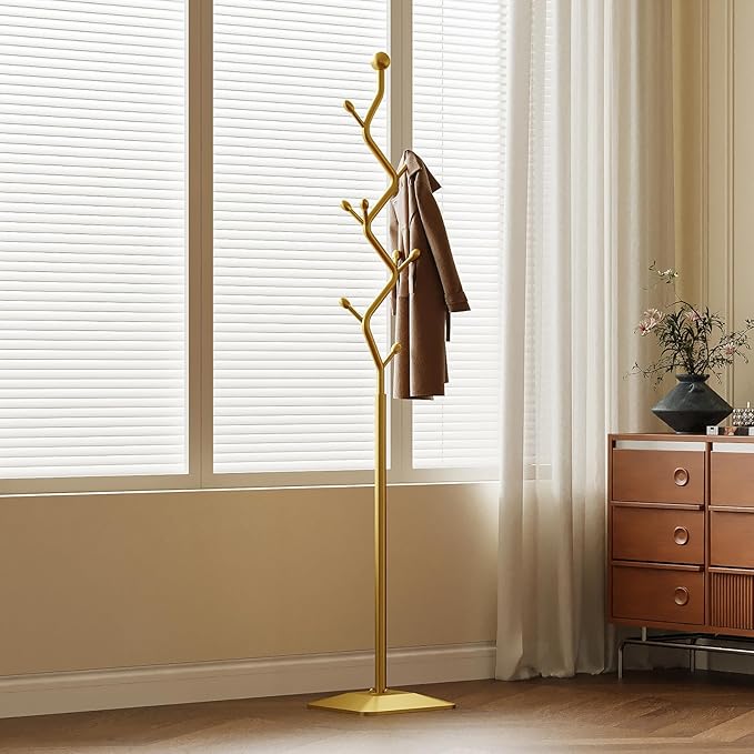 Gold coat rack,Coat Tree Freestanding heavy duty with 8 Hooks and Sturdy Metal Base for Coat Hats Purses,Tree-shaped Coat Stand for Entryway,Bedroom