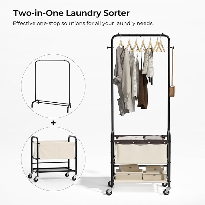 StorageWorks Laundry Cart with Hanging Rack, Rolling Laundry Hamper, Laundry Basket with Wheels, Laundry Room Clothes Sorter Storage Basket and Shelf, Beige