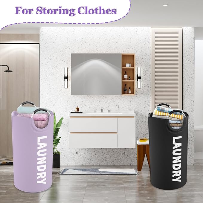 Set of 2 Collapsible Laundry Baskets with Aluminum Handles, 95L Large Laundry Baskets in 600D Oxford Fabric, Portable Dirty Clothes Hampers for Bedroom, Travel, Black + Purple