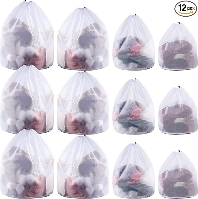Fine Style 12 Pcs Mesh Laundry Bags with Drawstring - Heavy Duty White Mesh Bags, Machine Washable, Ideal for Delicates, College Dorm