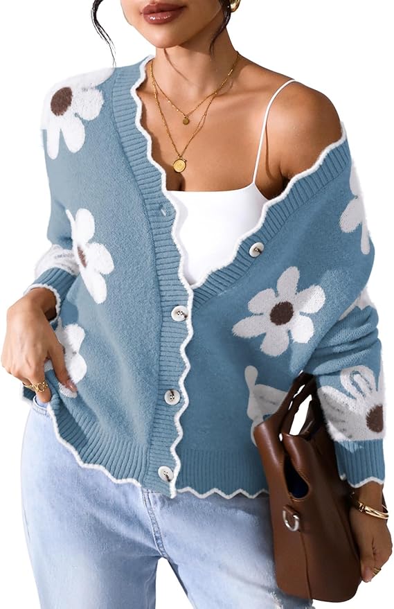 Pink Queen Fuzzy Sweater Cardigan for Women 2025 Fashion Long Sleeve Flower Outerwear Button Down Open Front Cardigan Coat