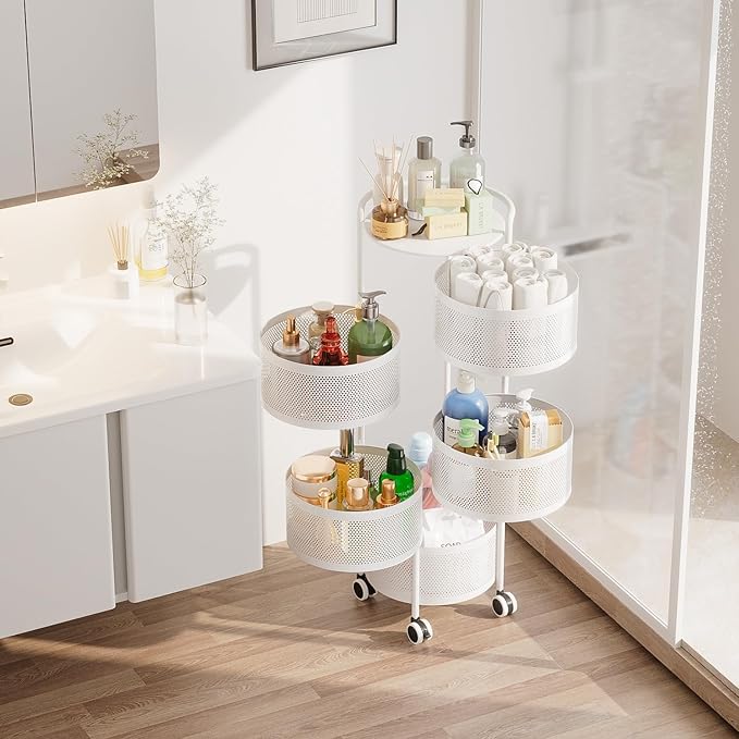 JAQ 5-Tier No Assembly White Rotating Storage Rack, Large Capacity Utility Cart for Kitchen Bathroom Nursery, Heavy Duty Fruit Vegetable Stand, White