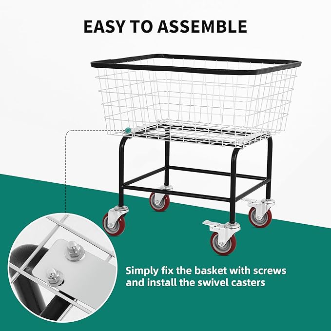 Wire Laundry Cart with Wheels, 2.5 Bushel Rolling Laundry Basket, Commercial Basket Carts for Laundry Room, Hotel, Home, Apartment Use, Durable Steel Frame with Galvanized Finish, 5" Casters