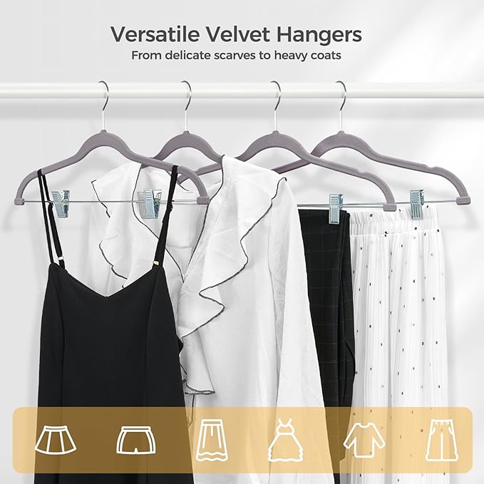 HOUSE DAY Velvet Hangers with Adjustable Clips 10 Pack, Non-Slip Suit Organizer with 360° Hook - Heavy Duty Hanger for Pants, Skirts, Blouses, Dresses - Outfit Hangers All-Season Space Saver (Grey)