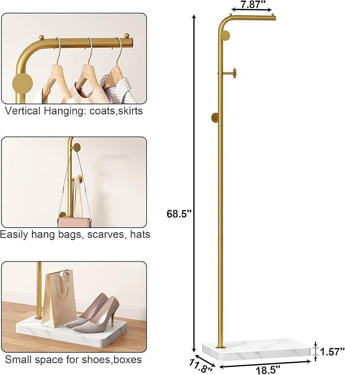 HOMEFORT Metal Coat Rack, Modern Coat Tree with 3 Hooks, L Shaped Coat Hanger Stand, Freestanding Coat Rack for Entryway and Corner, Gold