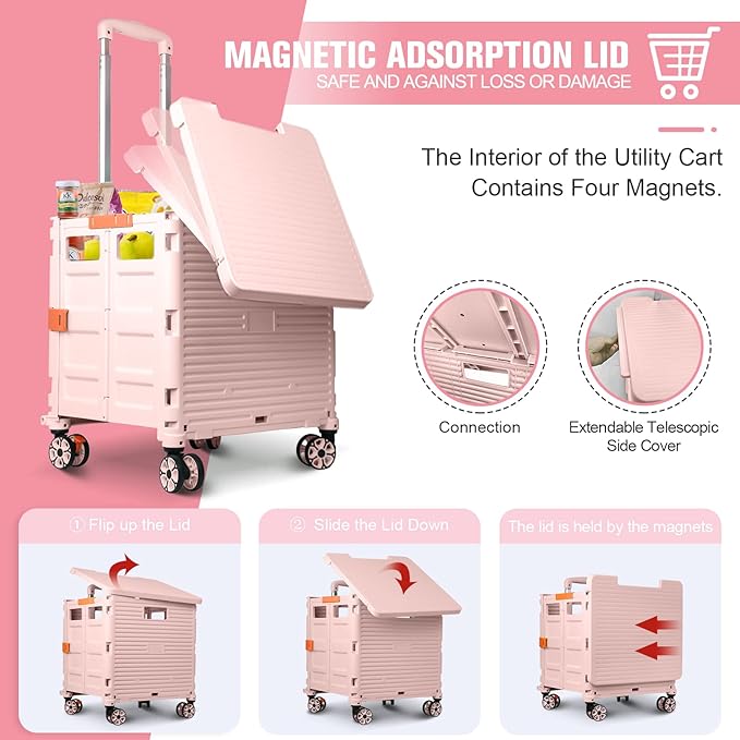 FELICON SELORSS Folding Utility Cart Portable Rolling Crate Handcart with Magnetic Sliding Lid Telescoping Handle Plastic Box Dolly 360°Swivel Wheels for Travel Shop Move Office Teacher Use(Pink Pro)
