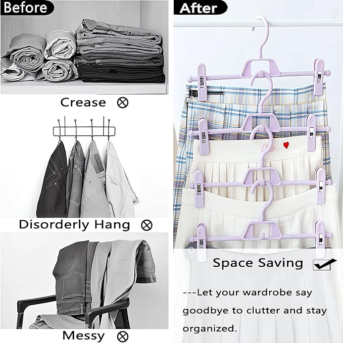 Plastic Pant Hangers with Clips, 10 Pcs Pants Hangers with 360°Rotating & Adjustable Clips, Stackable Clothes Hanger for Skirt, Closet Organizer and Storage | Space Saving (Purple)