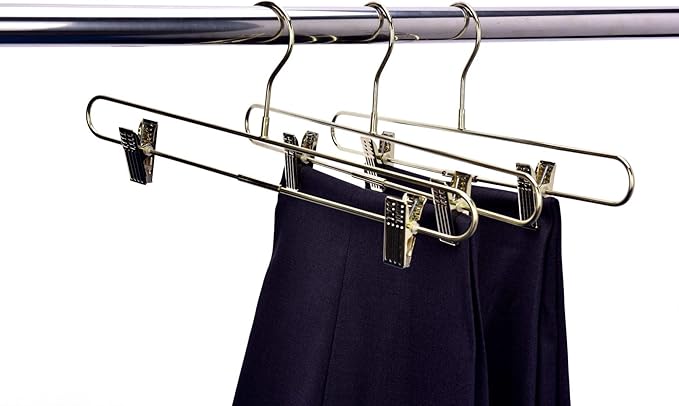 Quality Hangers 10-Pack Pant & Skirt Hanger Set - Gold With Clips - 360-Degree Metal Swivel Hook for Clothes - Anti-Rust Jean Slack & Trouser Hangers