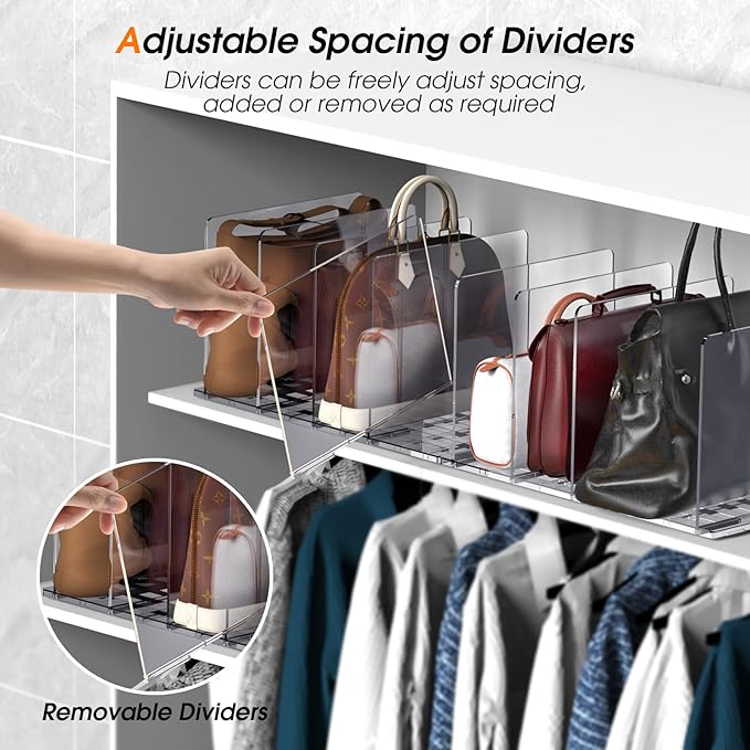 Purse Organizer for Closet, 5 Pack Adjustable Acrylic Shelf Dividers for Closet Organization, Closet Organizers and Storage, Purse Separator Handbag Storage Organizer, Purse Dividers for Closet