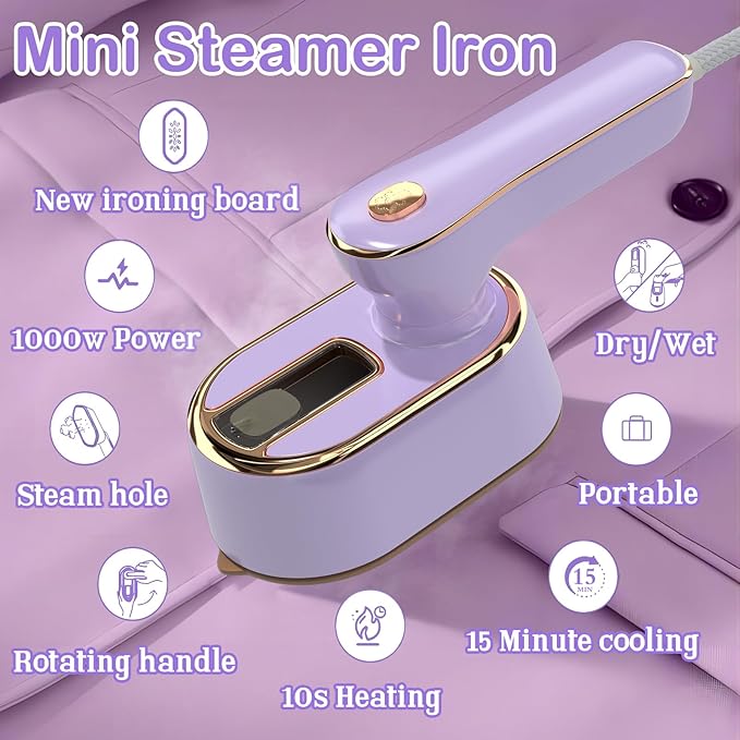 Travel Steamer Iron for Clothes - Portable Ironing Machine Small Size Portable Steamer Travel College Dorm Home Essentials (Purple)
