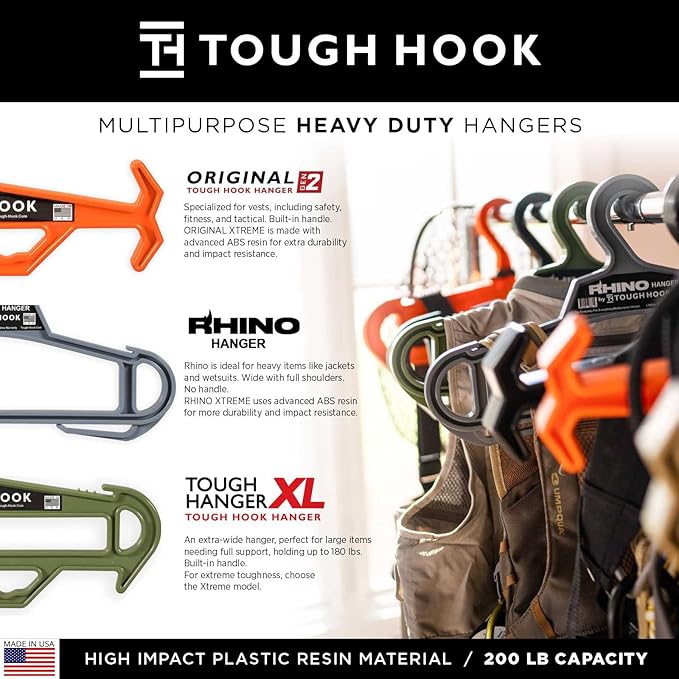 Rhino Tough Hook Xtreme Heavy Duty Clothes Hangers – USA-Made Military Grade Coat Hanger for Body Armor & Jacket – 200-lb Cap Suit Hangers for Heavy Apparel, 1 Black