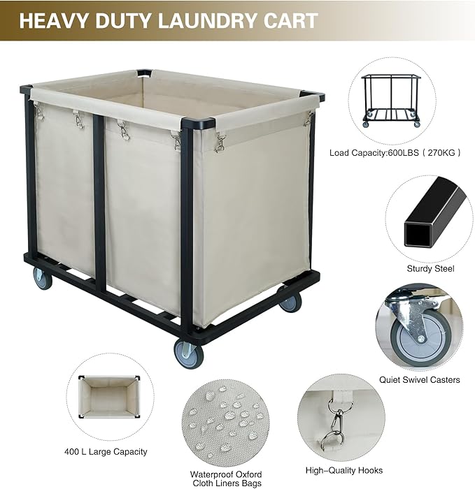 Commercial Laundry Cart with Wheels,600 lbs Heavy Duty Laundry Cart with Steel Frame and Oxford Cloth Bag,Industrial Laundry Cart with Wheels for Hotel,Housekeeping,400L(Beige)