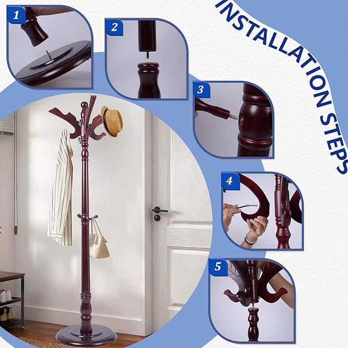 73" Wooden Freestanding Coat Rack，Easy to Adjust, Easy to Assemble for Children, Youth,Coat Rack Stand With Adults，18 Hooks and Round Solid Wood Base for Entrance Hallway Office (Flying Swallow)