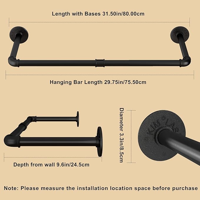 Wall Mounted Clothes Rack 31.5in, Industrial Pipe Wall Mount Clothing Rack, Heavy Duty Iron Garment Racks, Space Saver Multi-purpose Hanging Rod for Laundry Room, Closet Storage, 2 Packs