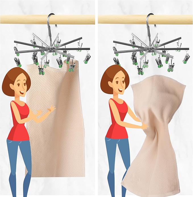 Drying Hanger, Hanging Drying Rack, Drip Hanger Stainless Steel with 16 Pegs for Laundry Underwear Socks, Quickly Remove Clothes from Hanger, Windproof, Folding Portable, (Green)