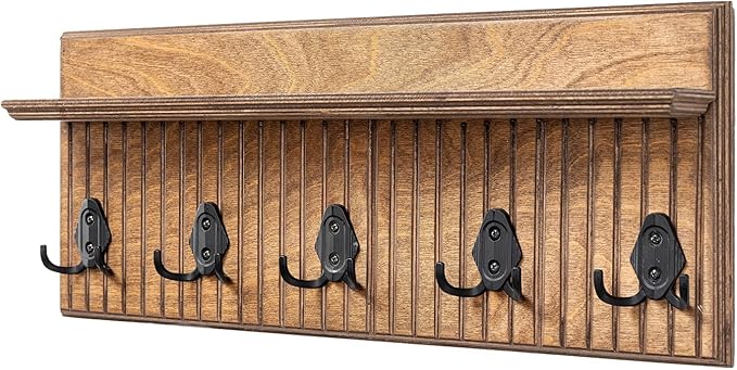 Rustic Wall Mounted Coat Rack with Shelf Wooden Entryway Organizer with 5 Metal Hooks for Coats Hats Towels Keys Floating Storage Shelf for Bathroom Bedroom (Walnut, 20 inch Striped (4 Hooks))